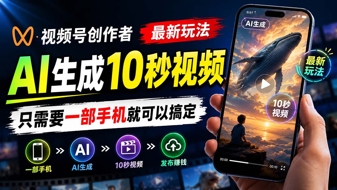 视频号AI赚钱新玩法，豆包一键生成10秒视频，手机操作轻松开通分成