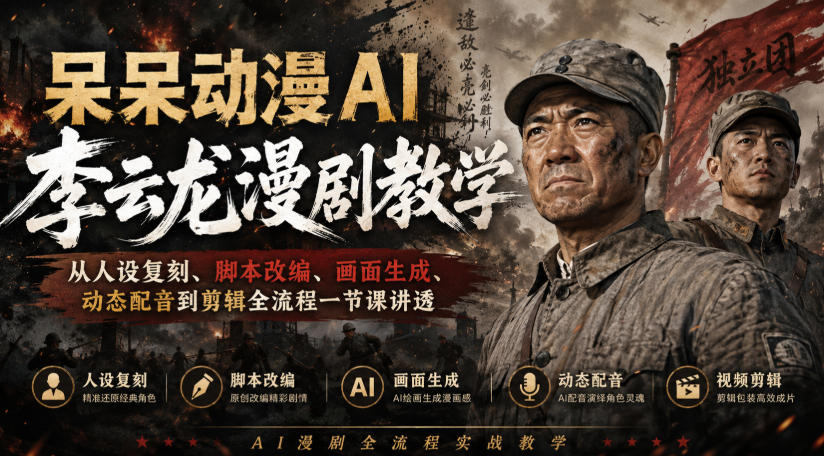 呆呆动漫AI李云龙漫剧全流程教学：人设复刻脚本改编到剪辑，零基础爆款速成