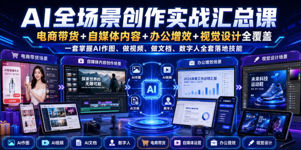 AI全场景创作实战课：电商带货+自媒体+办公+视觉设计，AI作图做视频数字人全套技能