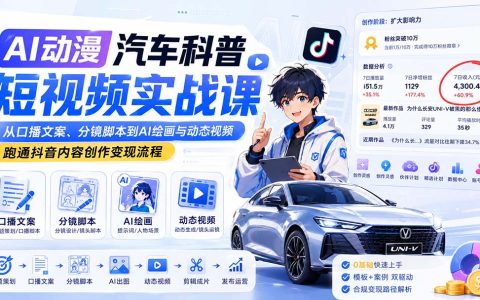 AI动漫汽车科普短视频实战课：从口播文案、分镜脚本到AI绘画与动态视频，跑通抖音变现流程