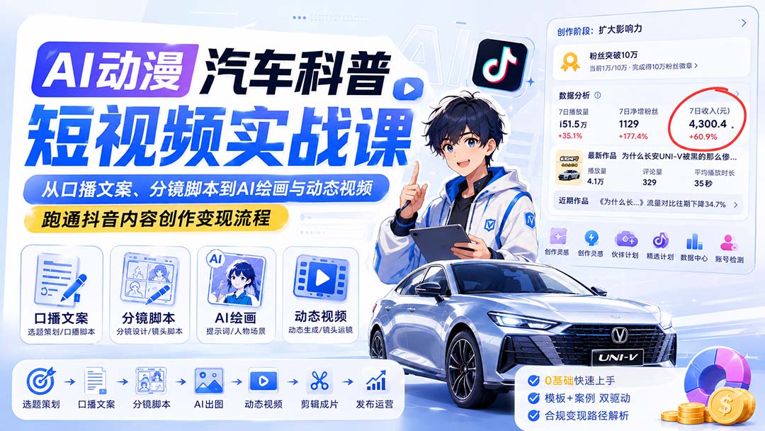 AI动漫汽车科普短视频实战课：从口播文案、分镜脚本到AI绘画与动态视频，跑通抖音变现流程