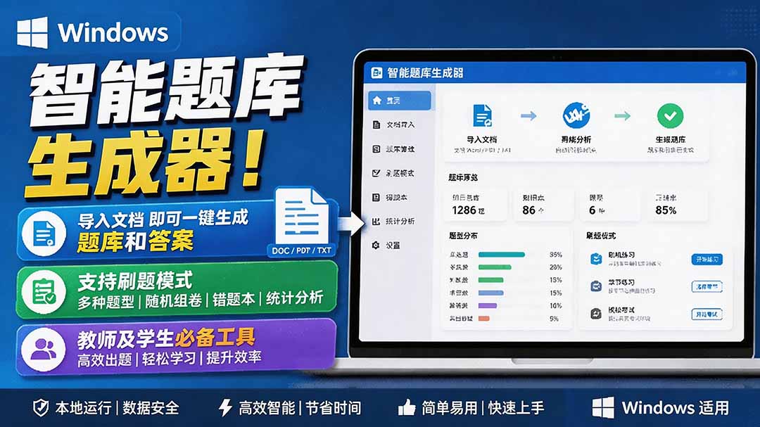 Windows智能题库刷题软件，导入Word/PDF一键生成题库答案，支持错题导出，教师学生必备