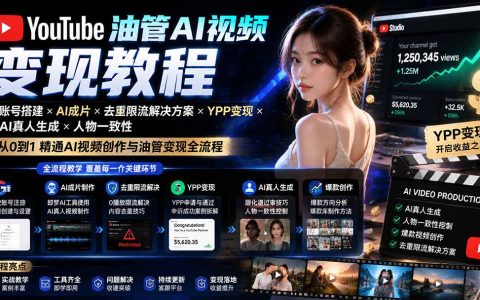 2026油管AI视频变现教程：账号搭建×AI成片×去重限流×YPP审核×人物一致性