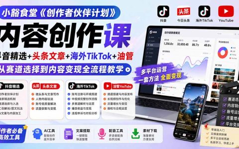 小豁食堂创作者伙伴计划：抖音精选+头条文章+海外TikTok+油管，AI混剪与变现全流程教学