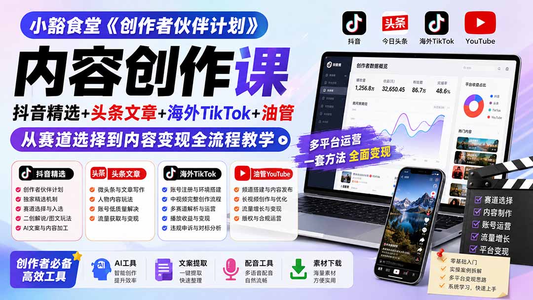 小豁食堂创作者伙伴计划：抖音精选+头条文章+海外TikTok+油管，AI混剪与变现全流程教学
