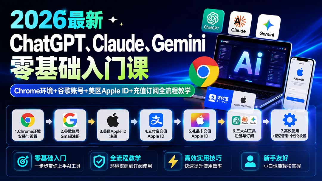 2026最新AI工具零基础入门：ChatGPT、Claude、Gemini注册订阅与Chrome环境搭建全攻略