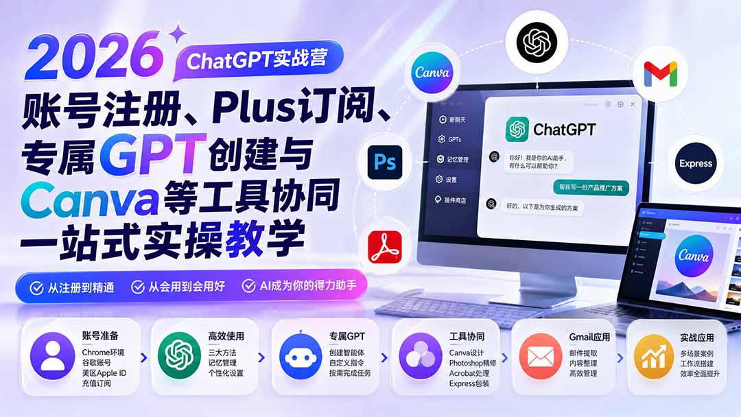 2026 ChatGPT实战营：从账号注册到Plus订阅，专属GPT创建与Canva等工具协同实操教学