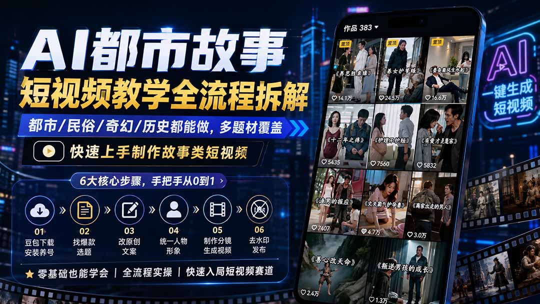 AI都市故事短视频制作全流程：豆包安装养号到爆款分镜去水印实操