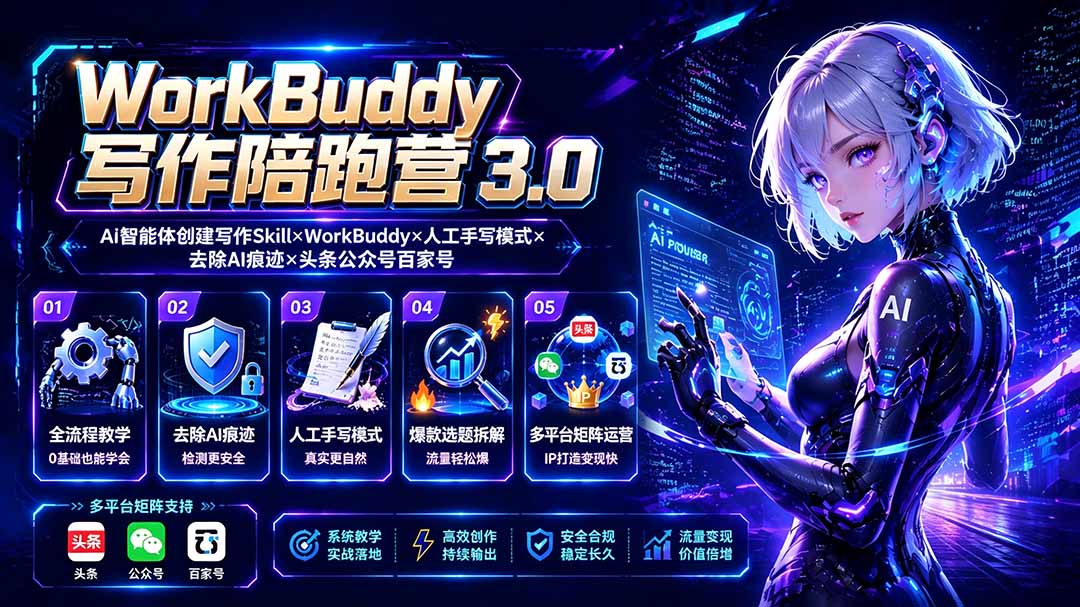 WorkBuddy写作陪跑营3.0:AI智能体去AI痕迹,头条公众号百家号爆款写作课 WorkBuddy写作陪跑营3.0:AI智能体去AI痕迹,头条公众号百家号爆款写作课