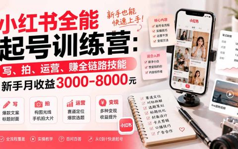 小红书全能起号训练营：写作拍摄运营变现全链路，新手变现300步骤0-800步骤0元