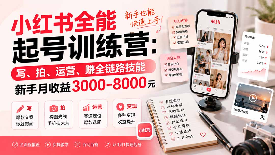 小红书全能起号训练营：写作拍摄运营变现全链路，新手变现300步骤0-800步骤0元