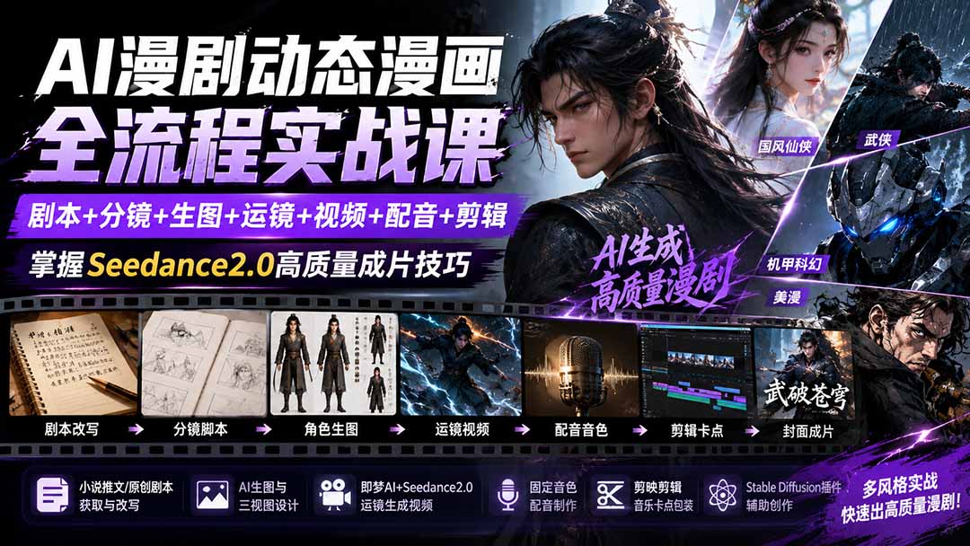 AI漫剧全流程实战课：Seedance2.0动态漫画制作，从剧本分镜到剪辑成片零基础入门