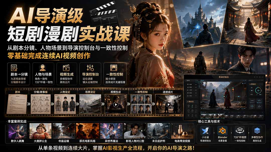AI导演级短剧漫剧实战课：从剧本分镜到人物场景一致性控制，零基础完成连续AI视频创作