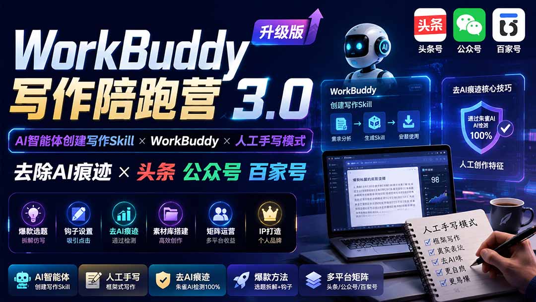 WorkBuddy写作陪跑营3.0：AI智能体去痕迹写作，头条公众号百家号变现