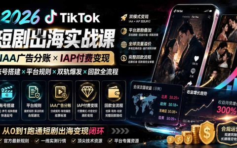 2026TikTok短剧出海变现课：IAA广告分账+IAP付费双模式，账号搭建回款全流程