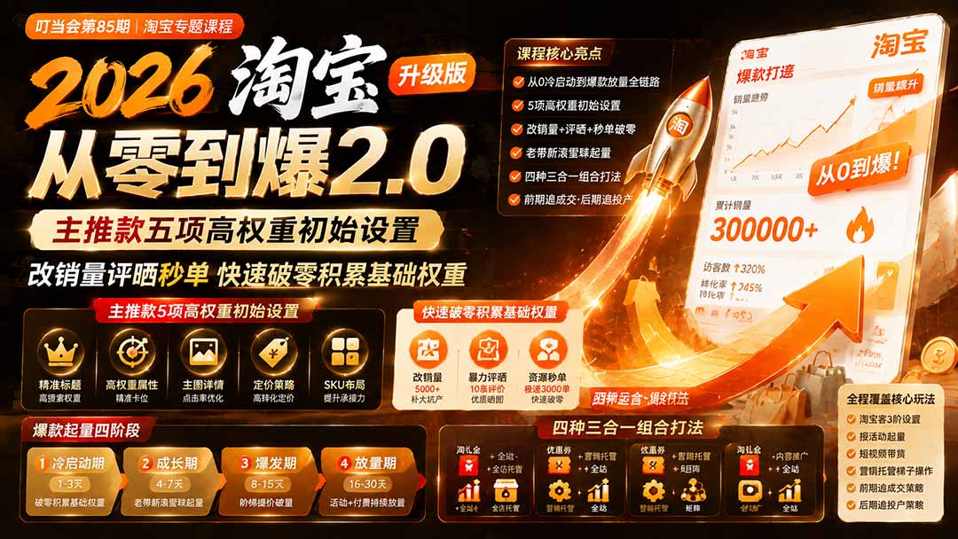 2026淘宝从零到爆2.0:主推款高权重设置+改销量秒单快速破零起量 2026淘宝从零到爆2.0:主推款高权重设置+改销量秒单快速破零起量