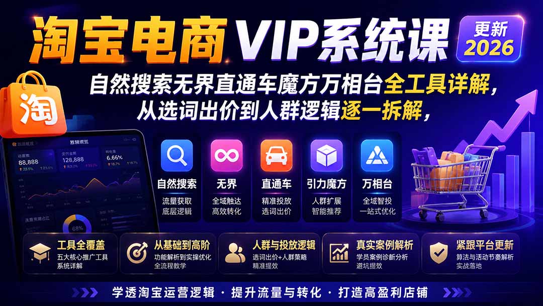 淘宝电商VIP系统课：自然搜索+直通车+万象台无界全工具实操，标品非标品推广策略