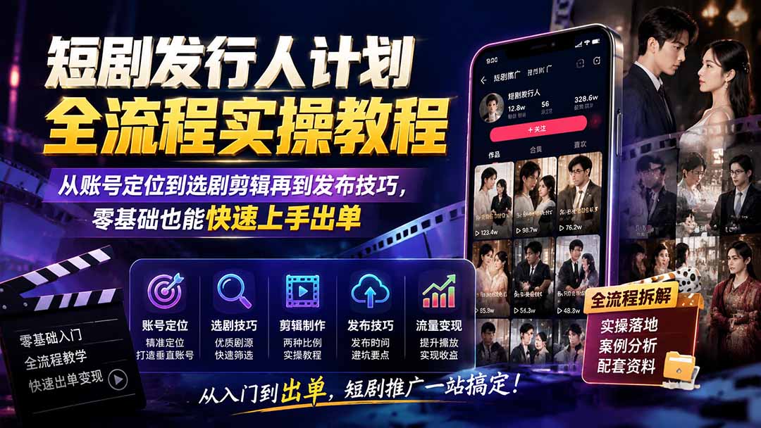短剧发行人计划全流程实操教程：账号定位选剧剪辑发布技巧，零基础副业快速出单