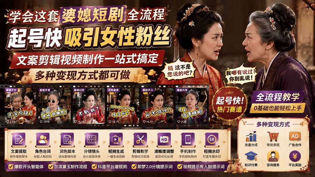 婆媳短剧全流程制作课：文案分镜剪辑教学，手机电脑双端起号变现技巧