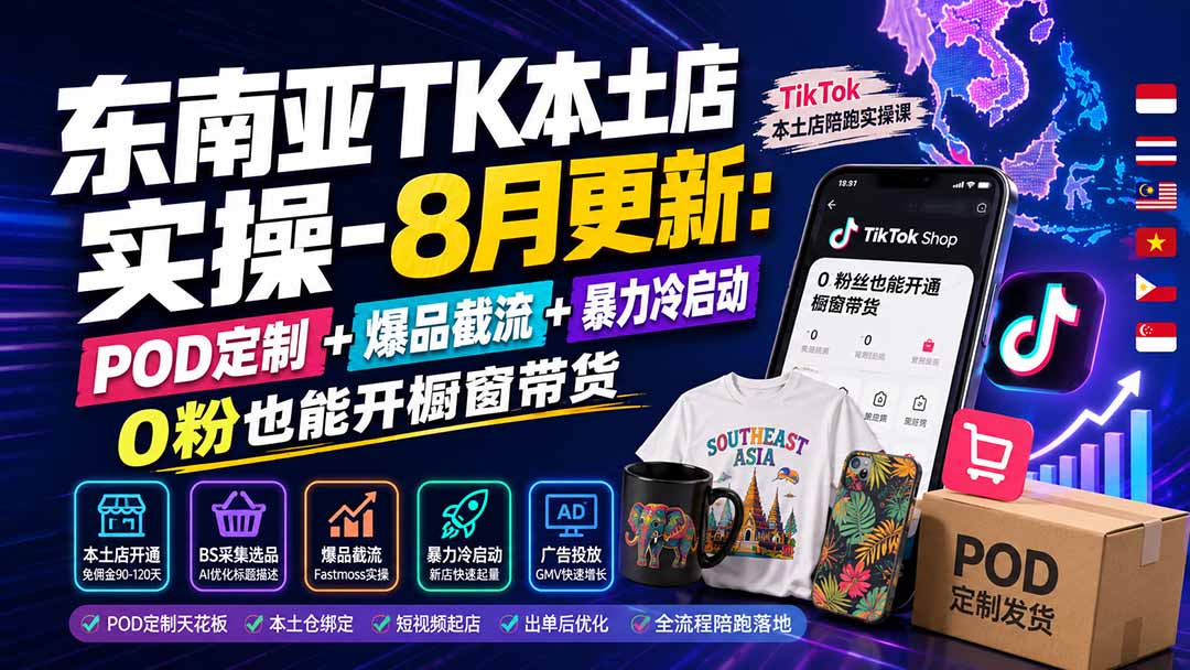 东南亚TK本土店实操：POD定制+爆品截流+风口冷启动，0粉开橱窗带货