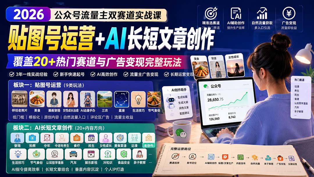 公众号流量主双赛道实战：贴图号运营+AI文章创作，覆盖20+赛道广告变现玩法