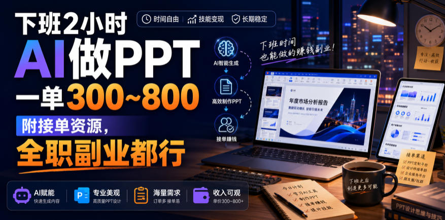下班2小时AI做PPT副业，一单300步骤-800步骤元，附接单渠道教程