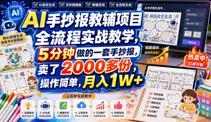AI手抄报教辅变现全流程，5分钟一套卖200步骤0+份，新手副业变现过万实操课