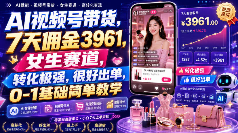 AI视频号带货7天佣金3961，女生赛道0基础出单玩法拆解