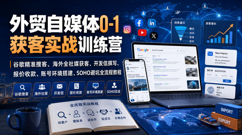 外贸自媒体0-1获客训练营：谷歌领英TikTok精准开发信+报价收款避坑全流程