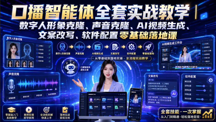 AI数字人口播克隆实战课：声音克隆+形象克隆+视频生成全流程