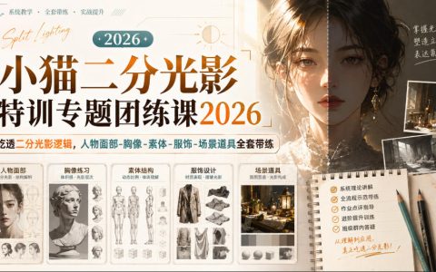小猫二分光影特训团练课2026｜插画板绘黑白关系明暗节奏全套带练