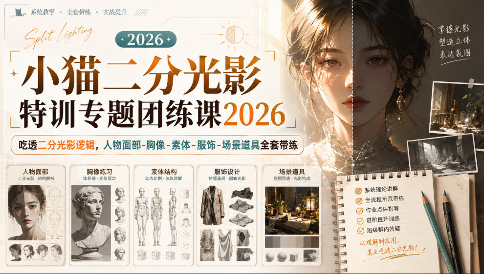 小猫二分光影特训团练课2026｜插画板绘黑白关系明暗节奏全套带练