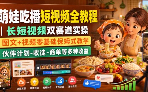 萌娃吃播短视频教程：长短视频双赛道实操，零基础保姆级教学，从素材剪辑到变现全攻略