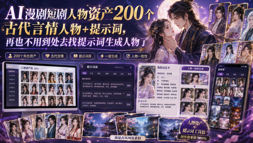 AI漫剧短剧人物资产200步骤个古代言情角色提示词，AI绘画工具一键生成