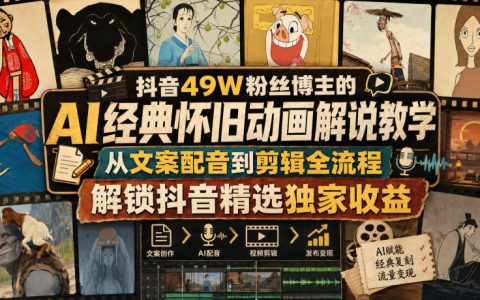 抖音49W粉博主AI怀旧动画解说实操课，文案配音剪辑全流程，新手二创变现