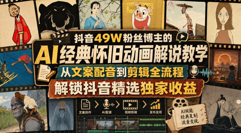 抖音49W粉博主AI怀旧动画解说实操课，文案配音剪辑全流程，新手二创变现