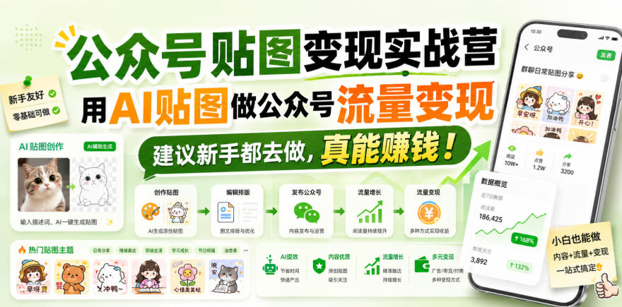 公众号贴图变现训练营：AI做图+流量主收益，新手副业从0到1实操课