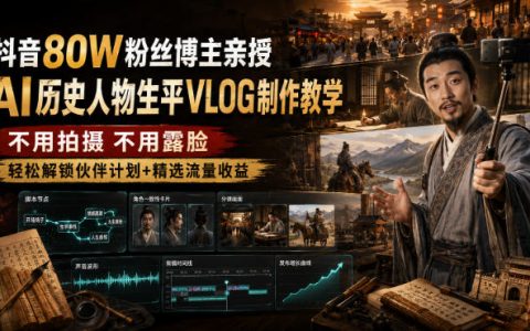 抖音80W粉AI历史人物Vlog教程，不露脸分镜提示词剪辑配音，零基础变现