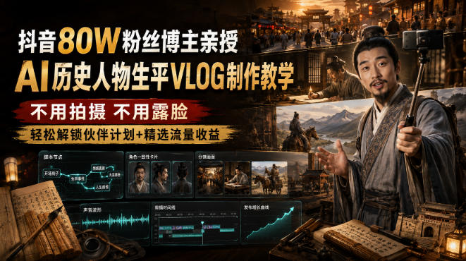 抖音80W粉AI历史人物Vlog教程，不露脸分镜提示词剪辑配音，零基础变现