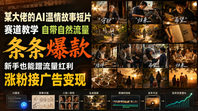 AI温情短片新手教程：第一人称叙事爆款制作全流程，零基础剪辑涨粉变现