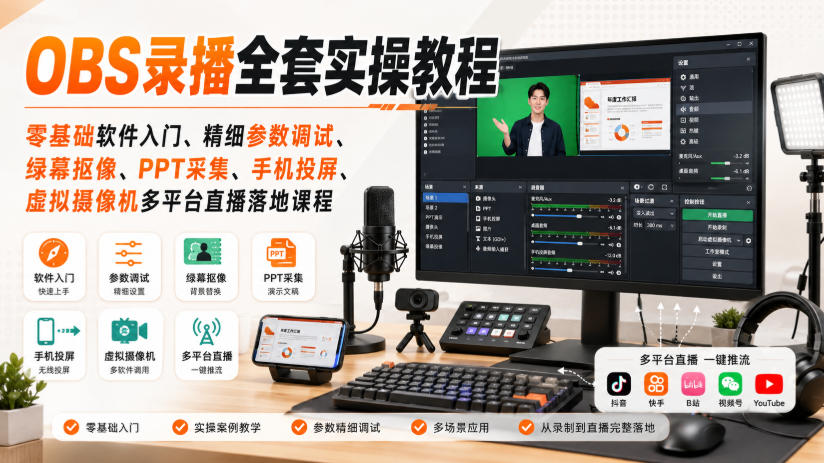 OBS录播实操教程：零基础参数调试、绿幕抠像、手机投屏与虚拟摄像机多平台直播