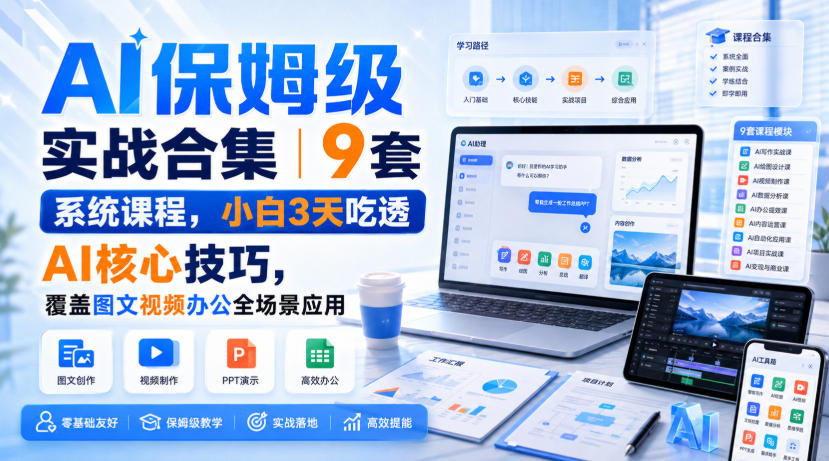 AI实战合集9套课，3天吃透Kimi豆包Deepseek，图文视频办公全场景提效