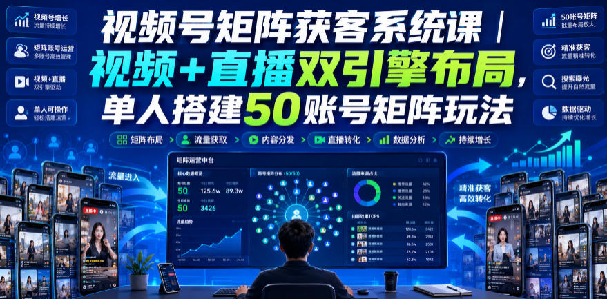视频号矩阵获客系统课:单人搭建50账号,视频+直播双引擎,流量入池、搜索占位、私域导流全流程教学 视频号矩阵获客系统课:单人搭建50账号,视频+直播双引擎,流量入池、搜索占位、私域导流全流程教学