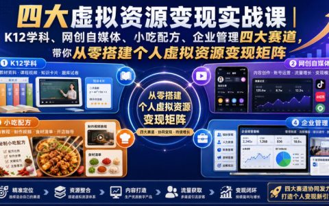 四大虚拟资源变现系统课：K12学科+网创自媒体+小吃配方+企业管理，从零搭建网站SEO引流私域成交