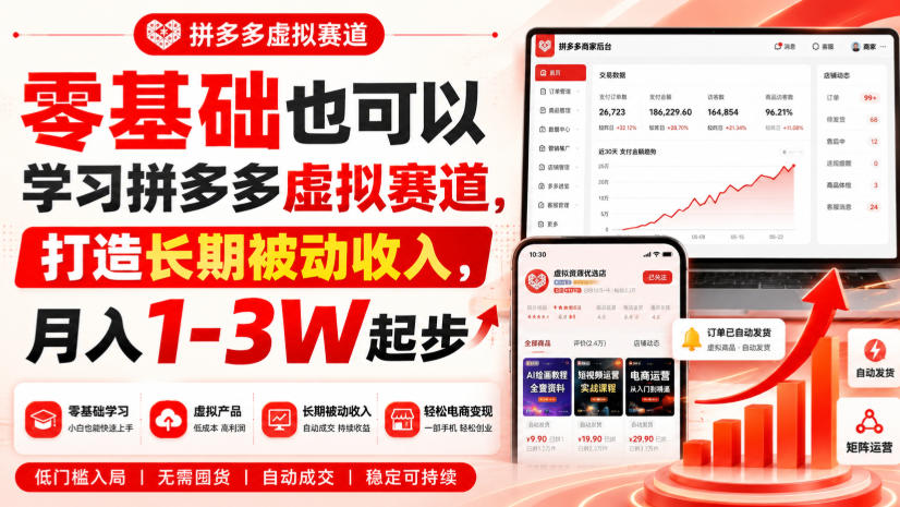 零基础拼多多虚拟项目自动化发货玩法，新手变现1-3W副业实操指南