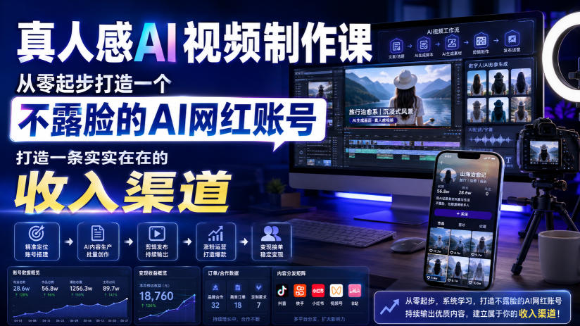 真人感AI视频制作课：不露脸AI网红账号从0到变现，虚拟人+声音克隆全流程