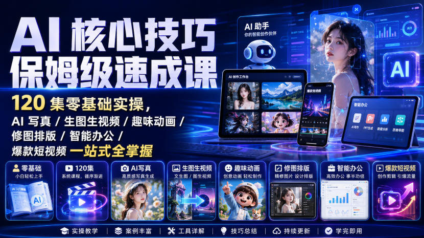 AI核心技巧保姆级速成课120集，零基础AI写真/生图视频/趣味动画/智能办公全掌握