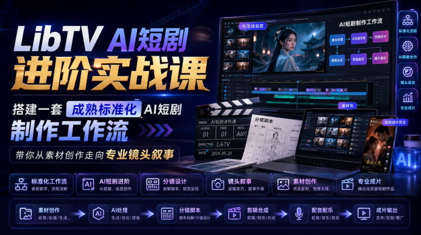 AI短剧制作全流程实战课：从分镜脚本到角色场景设计，搭建标准化工作流高效量产