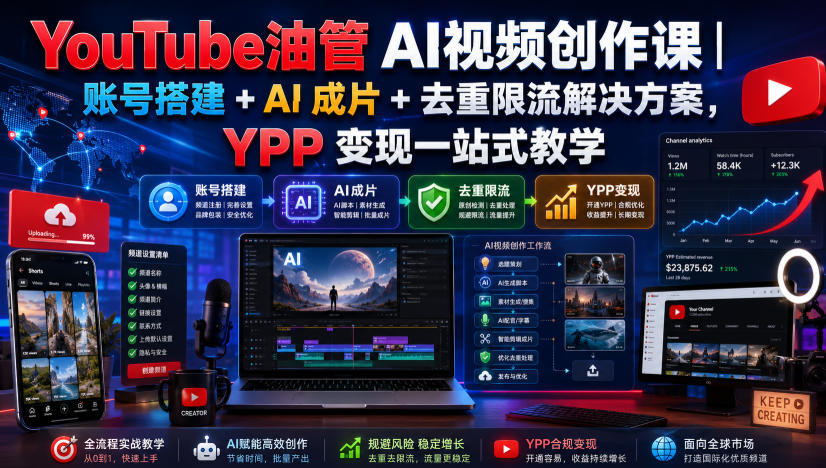 YouTube油管AI视频创作课：账号搭建+AI成片+去重限流+YPP变现保姆级教程