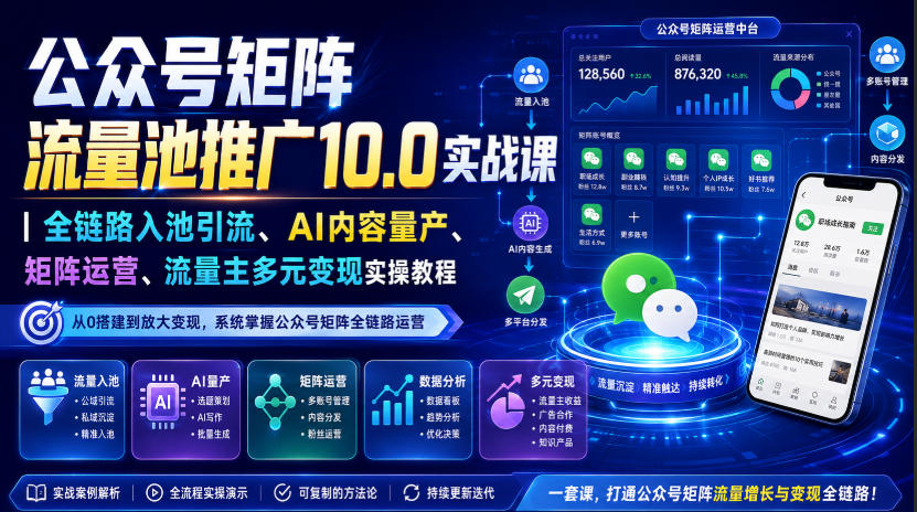 公众号矩阵流量池推广10.0实战课：AI内容量产与多账号入池引流变现教程